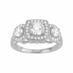 Designs By Gioelli Sterling Silver Lab-Created White Sapphire 3-Stone Halo Engagement Ring