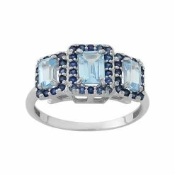 Designs By Gioelli Aquamarine And Lab-Created Blue Sapphire Sterling Silver 3-Stone Halo Ring
