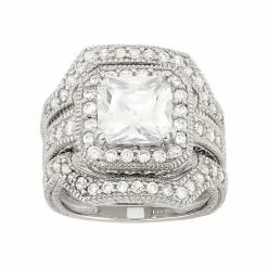 Designs By Gioelli Cubic Zirconia Halo Engagement Ring Set In Sterling Silver