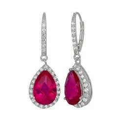 Designs By Gioelli Lab-Created Ruby And Lab-Created White Sapphire Sterling Silver Halo Teardrop Earrings